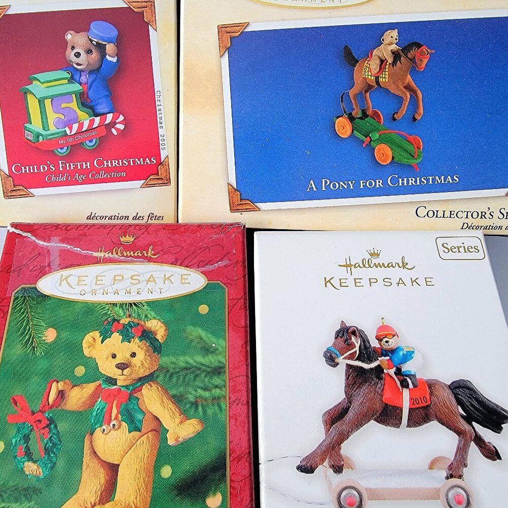 Four Piece Hallmark Toy Horses & Teddy Bear Keepsake Ornaments